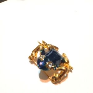 Frog Pin Brooch Enameled Clear Rhinestone Eyes Blue green Color Gold Tone Base